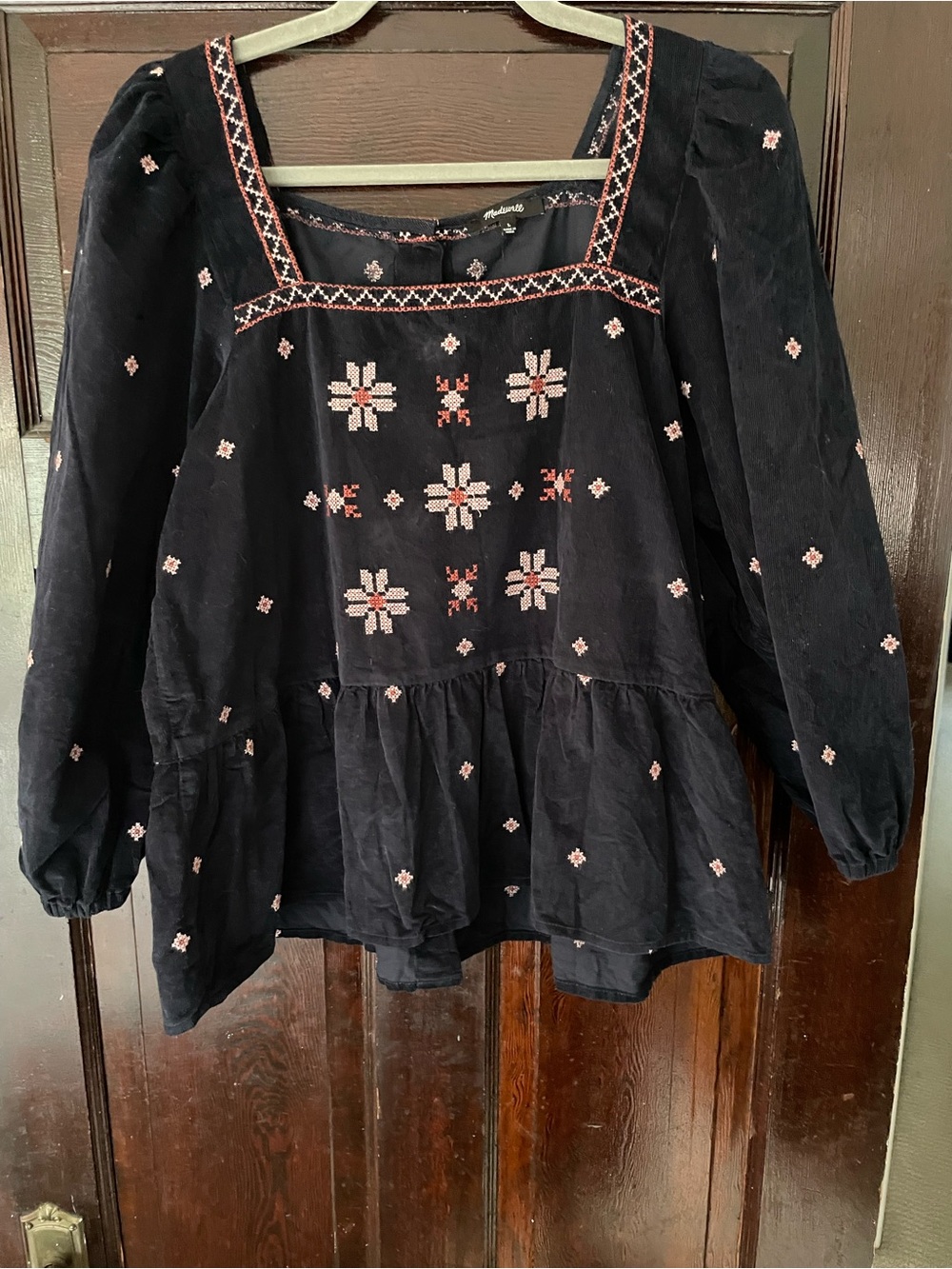 Madewell Navy Embroidered Needlecord Peplum Blouse